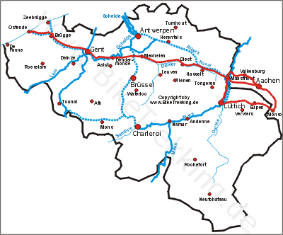 Belgienkarte mit eingezeichneten Radtouren